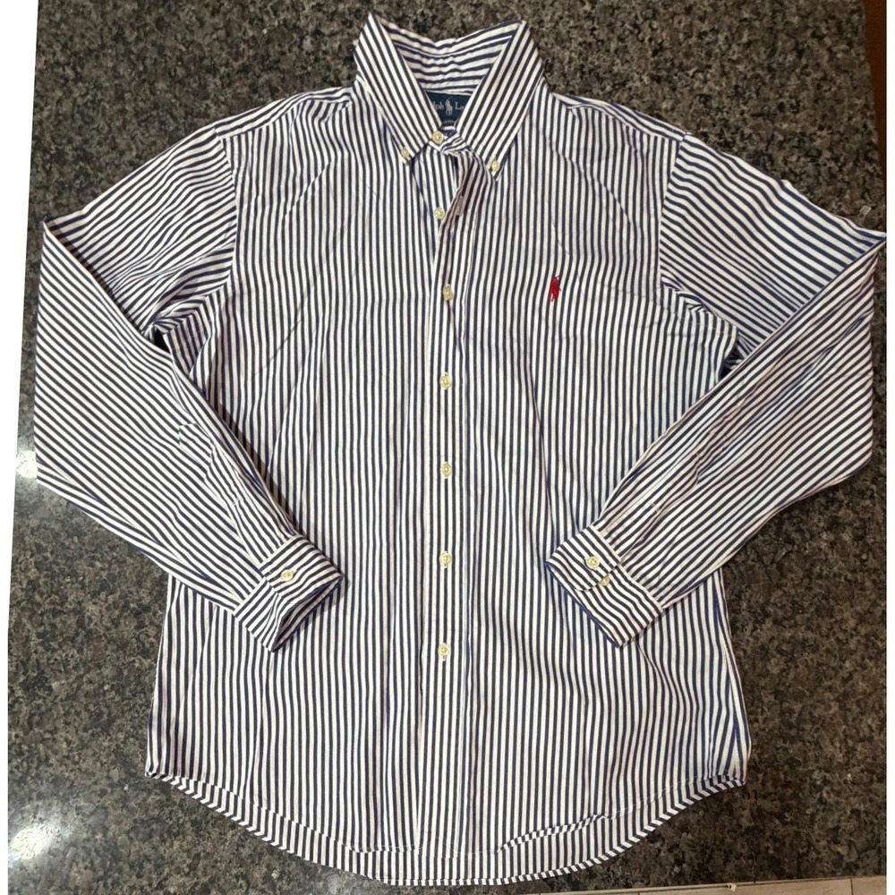 Ralph Lauren Custom Fit Mens 16 34/35 Blue White Striped Button Down Shirt